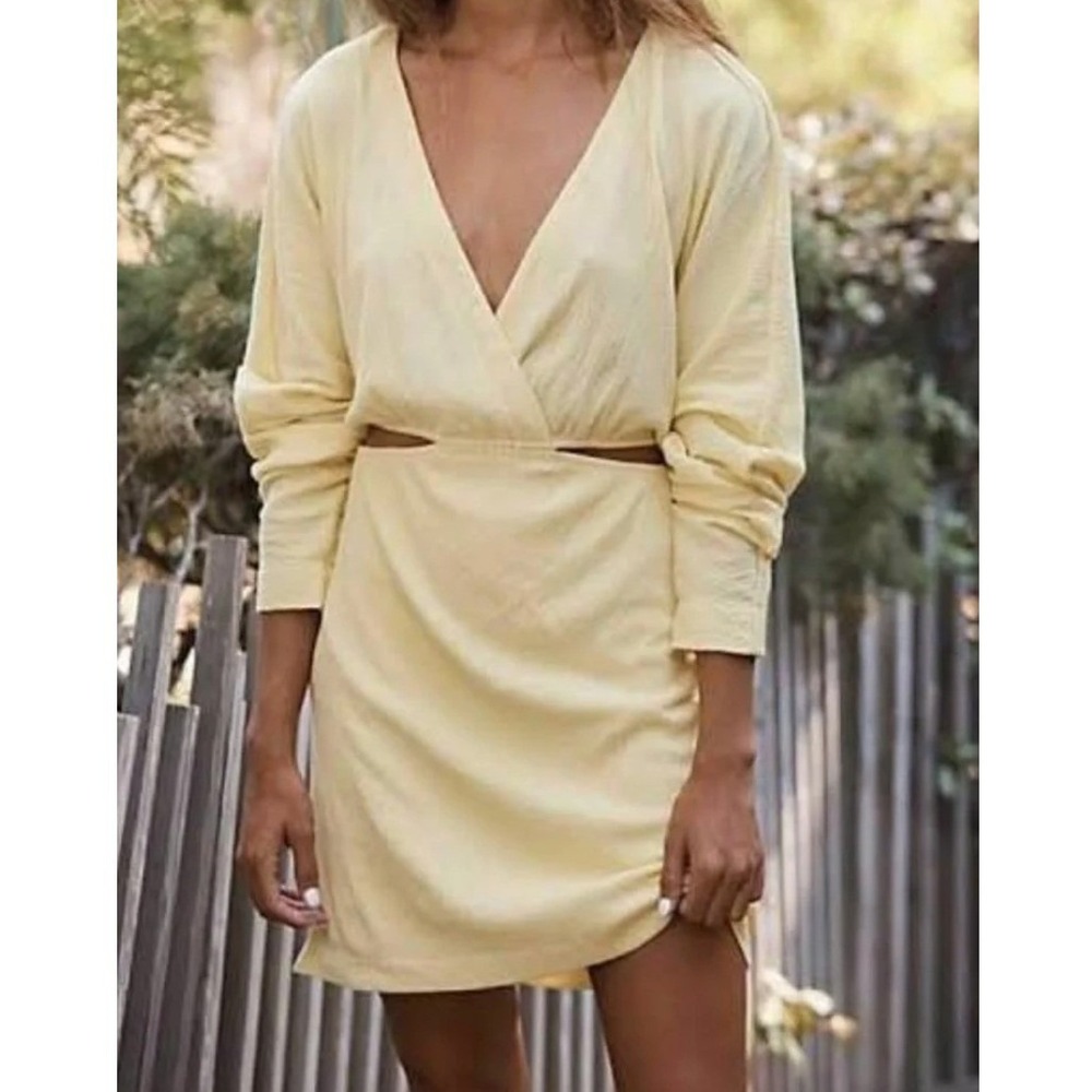 Free People FP Beach Stasia Cutout Mini Dress S Butter Yellow Textured